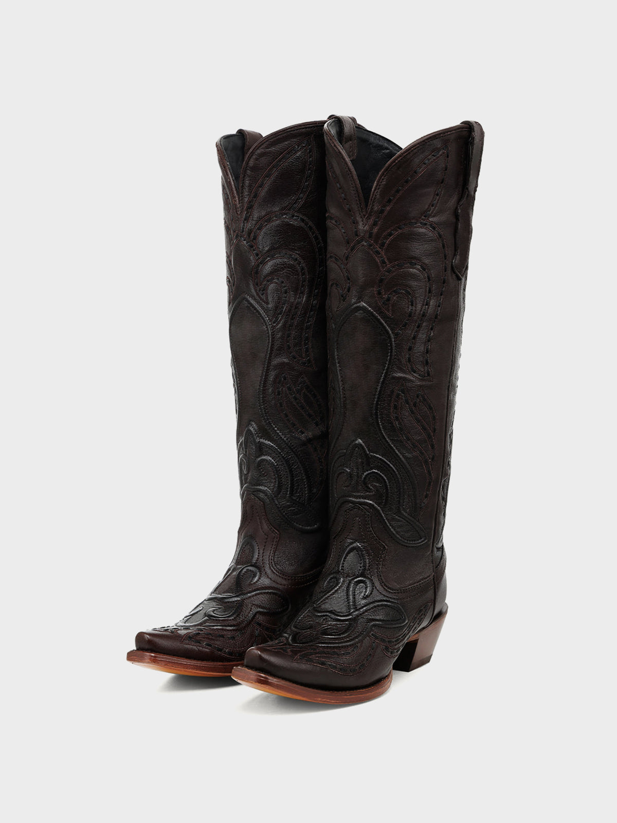 Chocolate Snip-Toe Embroidery And Running Stitch Half-Zip Chic Knee High Cowgirl Boots