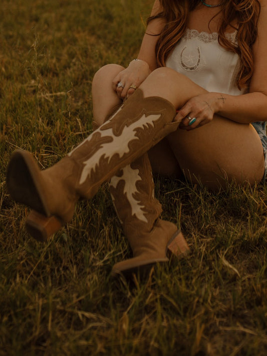 Tan Faux Suede Almond-Toe Fire Inlay And Embroidery Wide Calf Knee High Cowgirl Boots