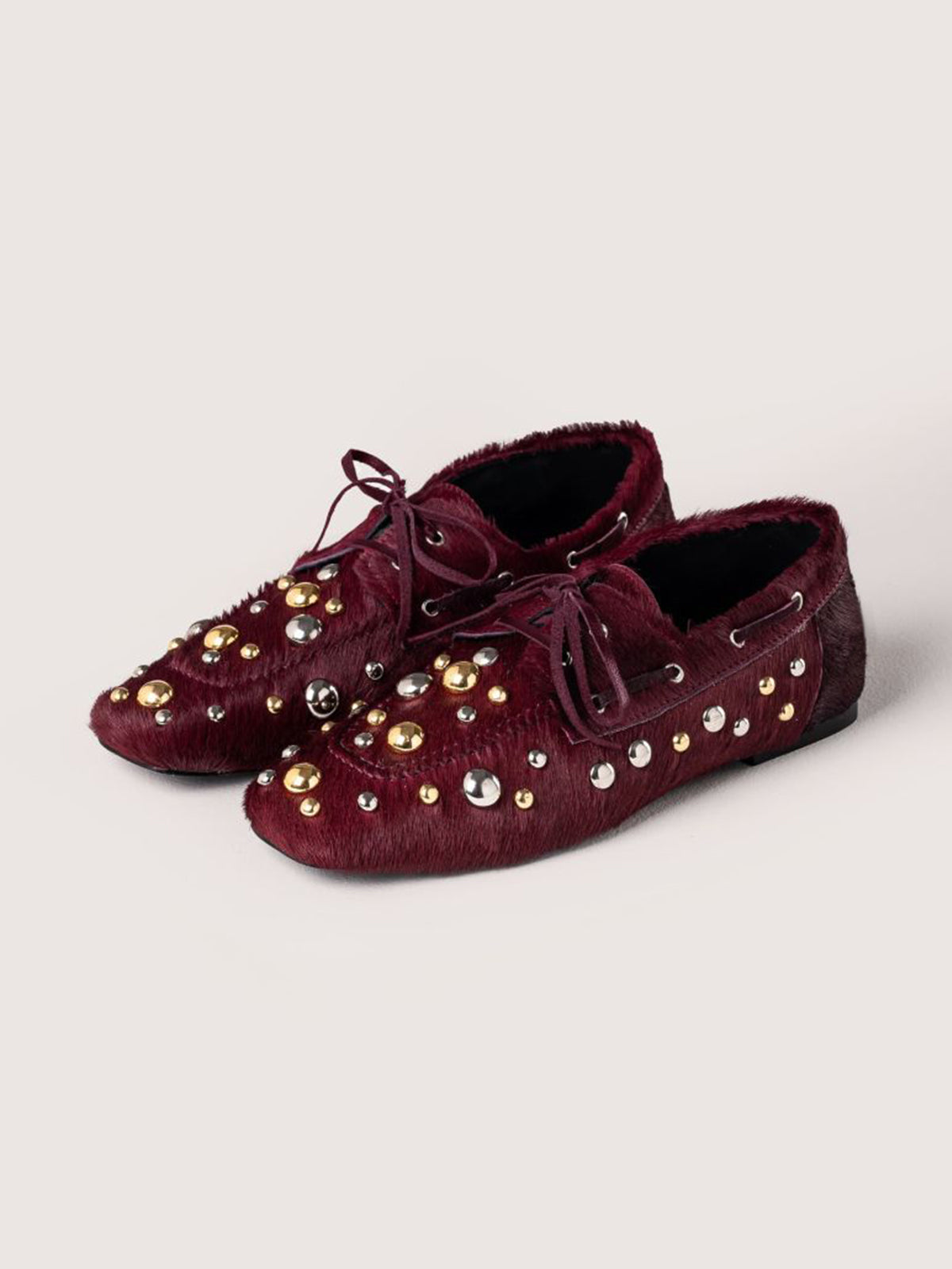 Burgundy Pony Hair Vegan Leather Square-Toe Studs And Bow Flats