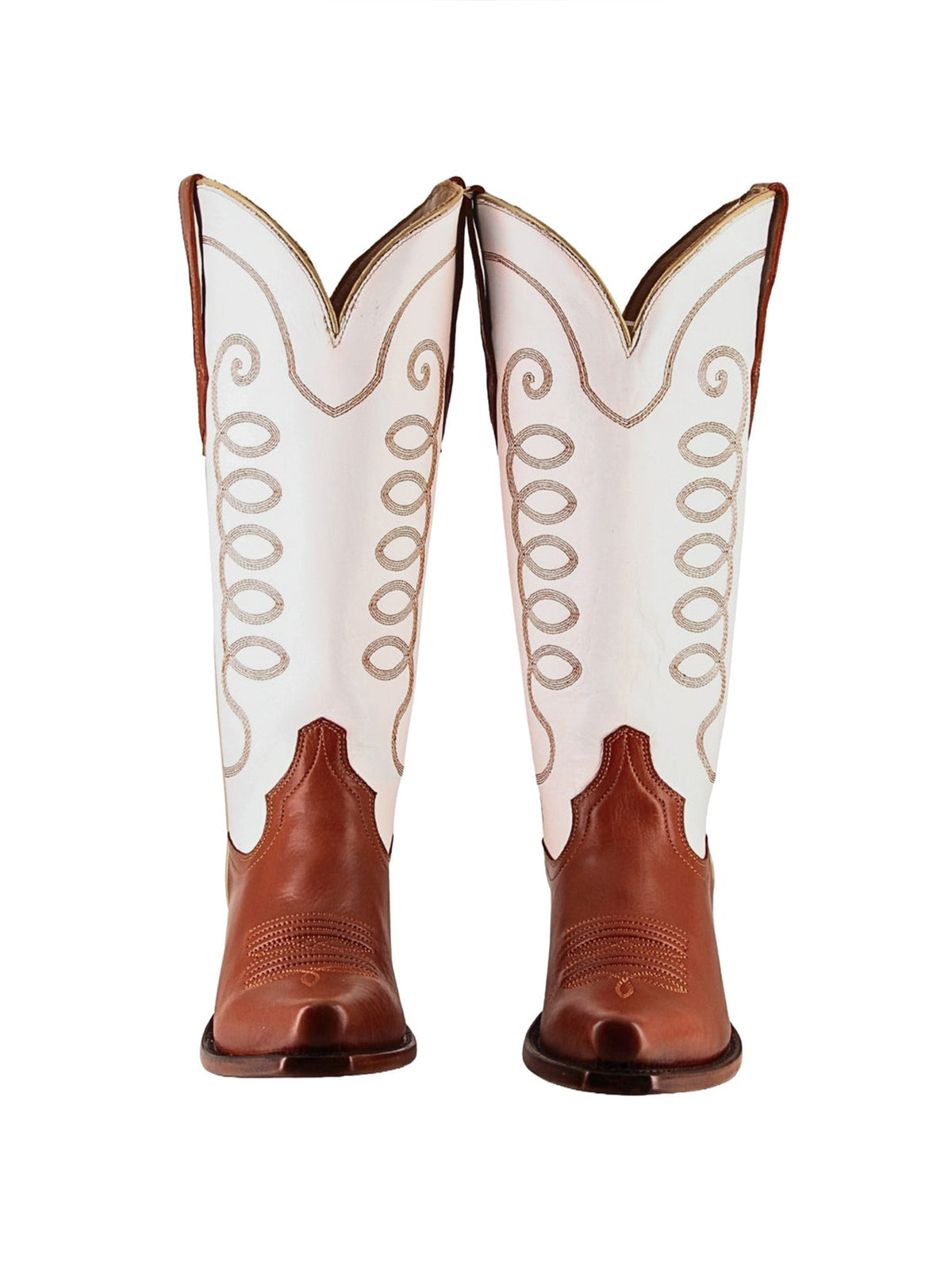 Contrast White And Caramel Snip-Toe Simple Embroidery Classic Mid Calf Cowgirl Boots