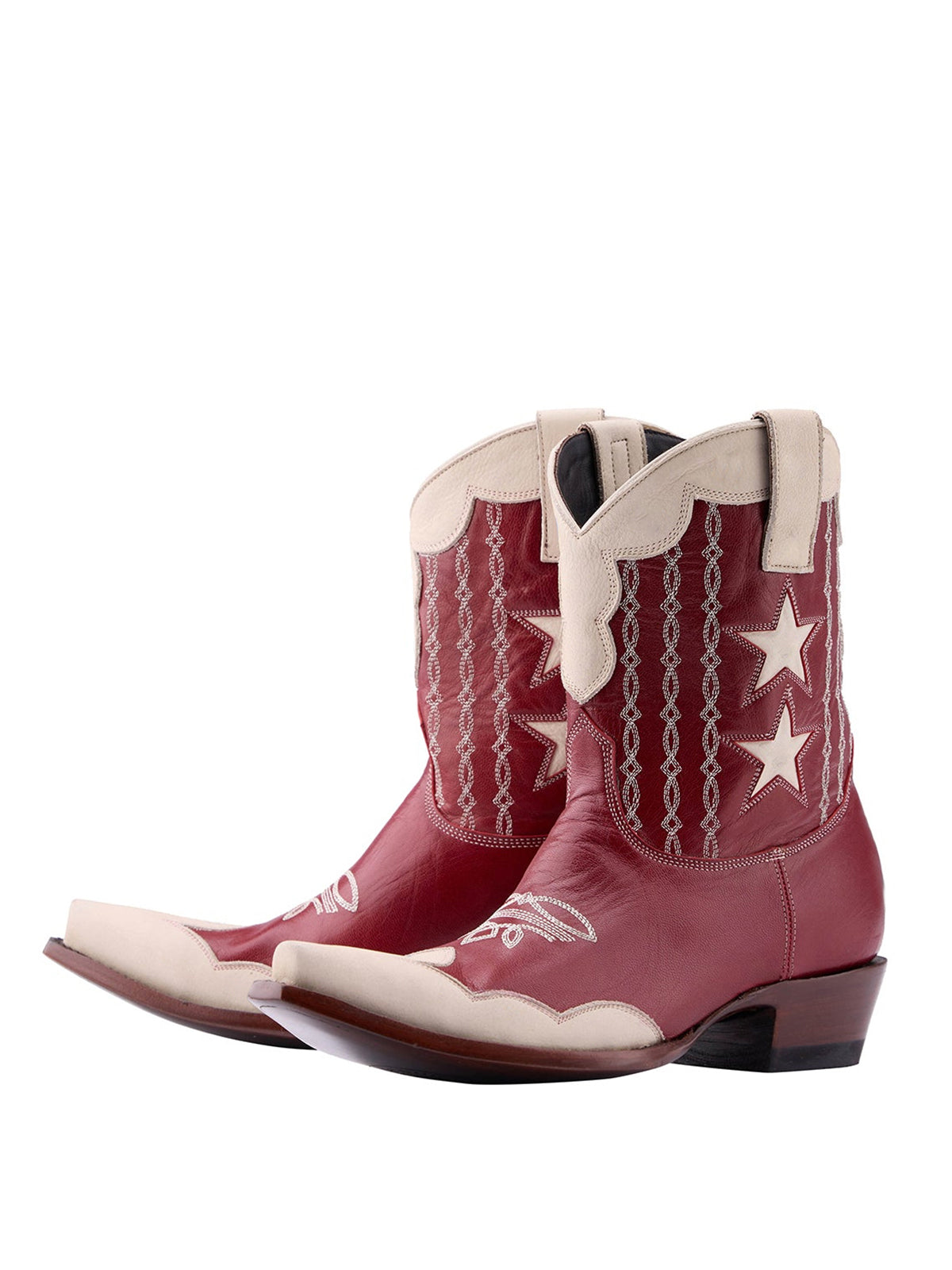 Snip-Toe Stars Inlay Chic Embroidery Ankle Cowgirl Boots - Red And Ivory