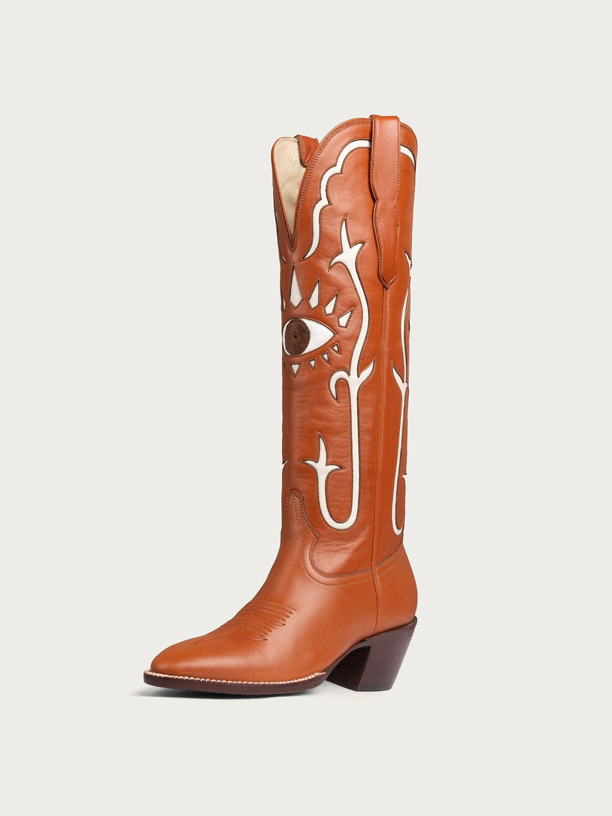 Caramel Almond-Toe Evil Eye Inlay Wide Calf Knee High Western Cowgirl Boots