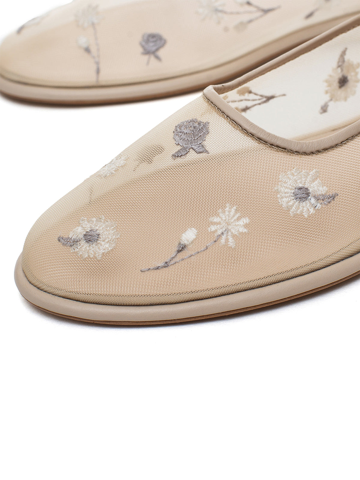 Nude Mesh Round-Toe Wildflowers Embroidery Mary Jane Ballet Flats