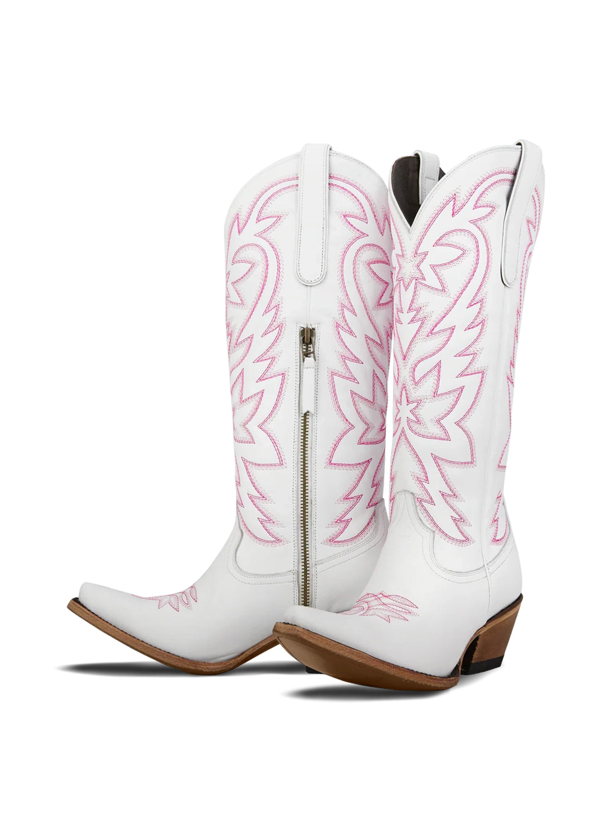 Western Snip-Toe Pink Embroidery Classic Knee High Half-Zip Cowgirl Boots - White