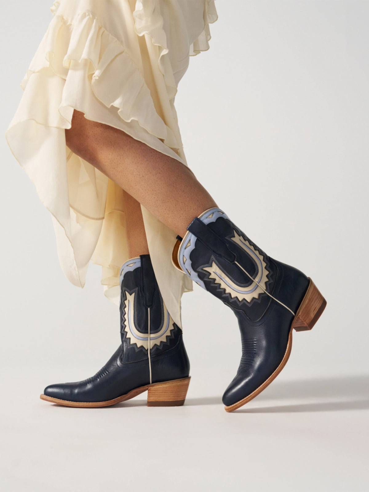 Navy And Blue Almond-Toe Horseshoe Inlay Ankle Cowgirl Boots