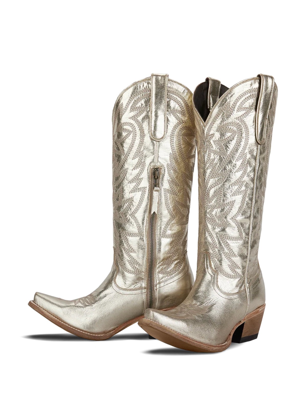 Western Snip-Toe Embroidery Classic Knee High Half-Zip Cowgirl Boots - Metallic Champagne