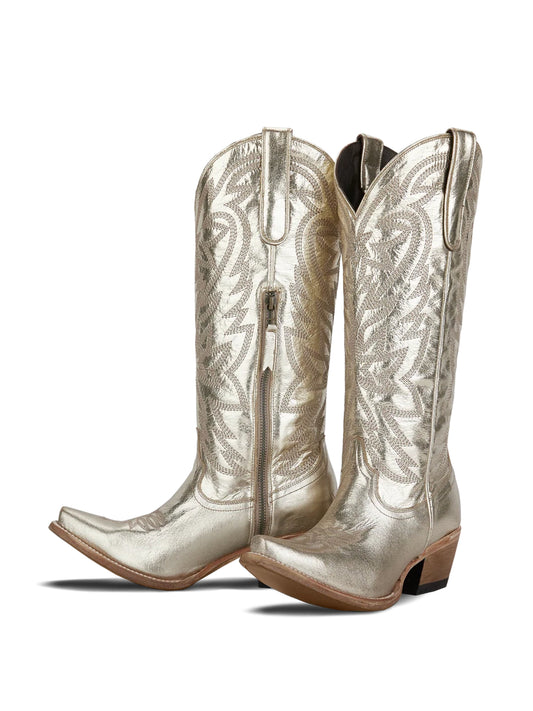 Western Snip-Toe Embroidery Classic Knee High Half-Zip Cowgirl Boots - Metallic Champagne