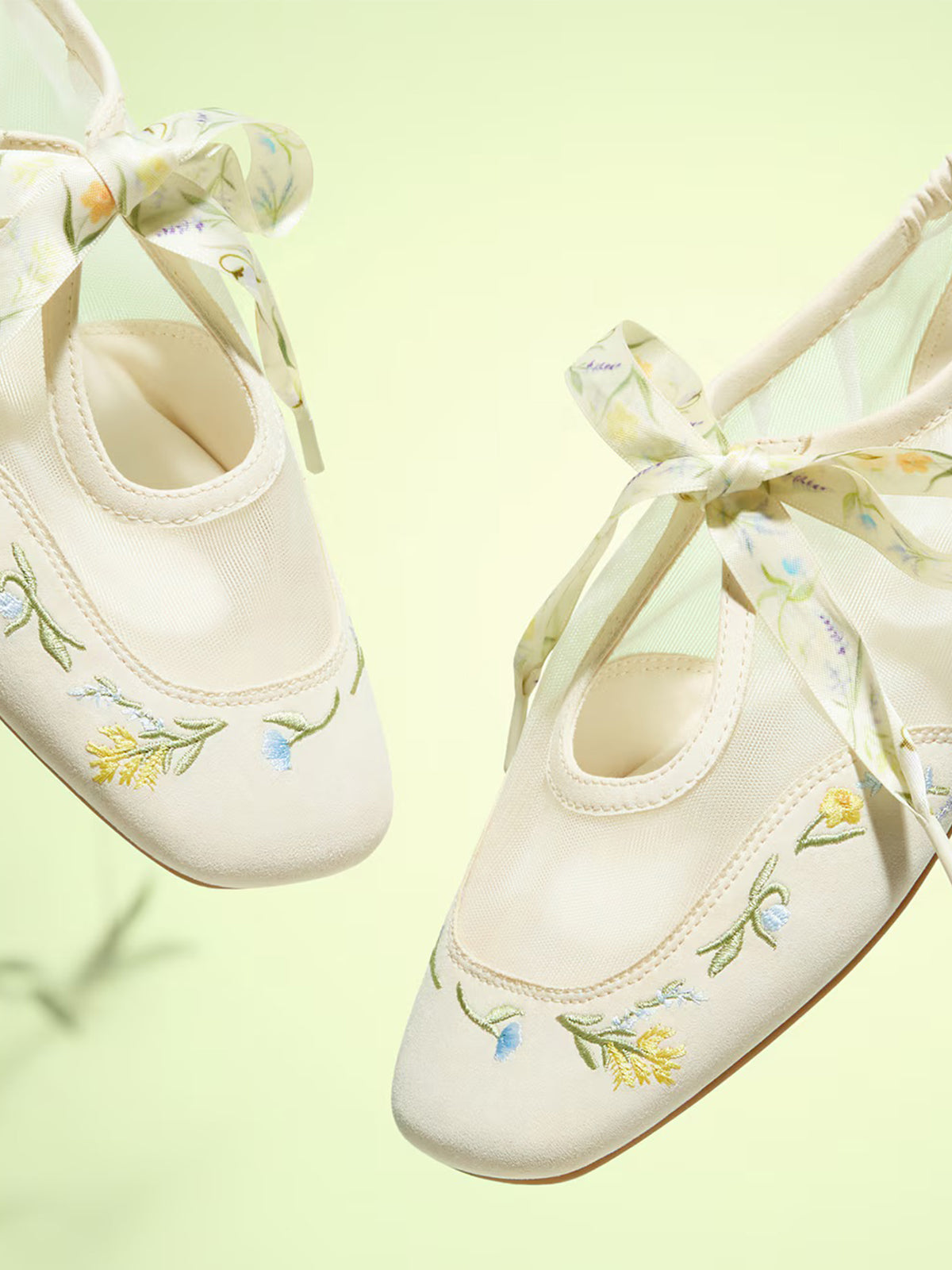 Cream Mesh And Faux Suede Square-Toe Floral Embroidery Bridge Bow Strap Flats