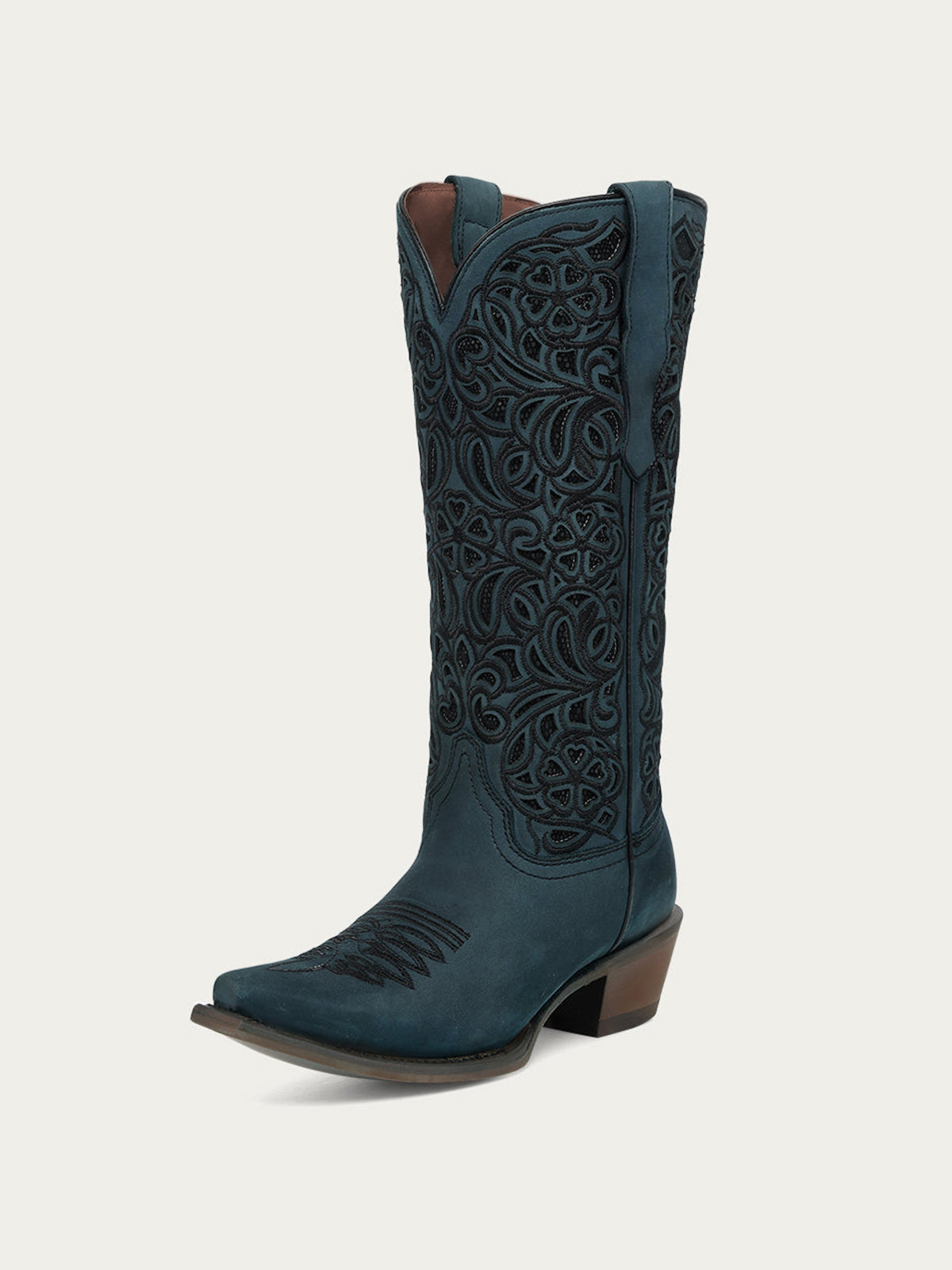 Navy Snip-Toe Inlay And Floral Embroidery Chic Mid Calf Cowgirl Boots