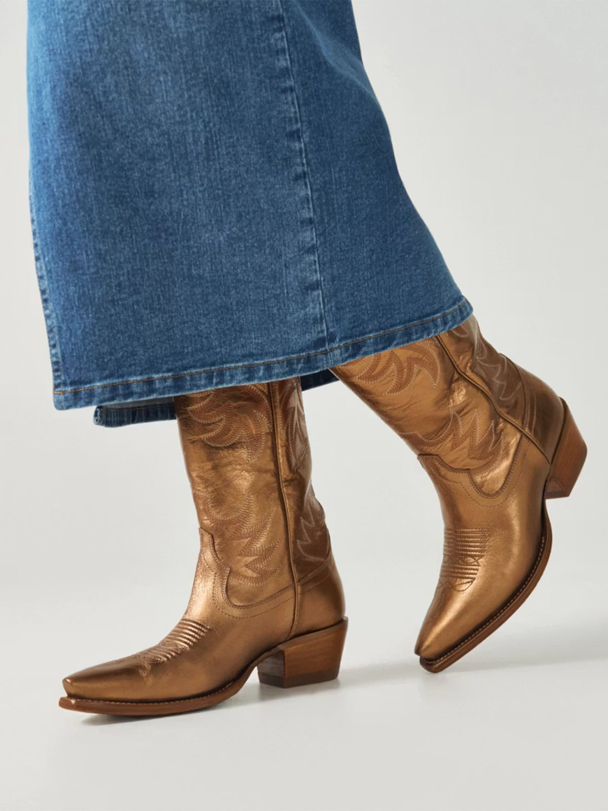Metallic Copper Snip-Toe Embroidery Wide Calf Knee High Cowgirl Boots