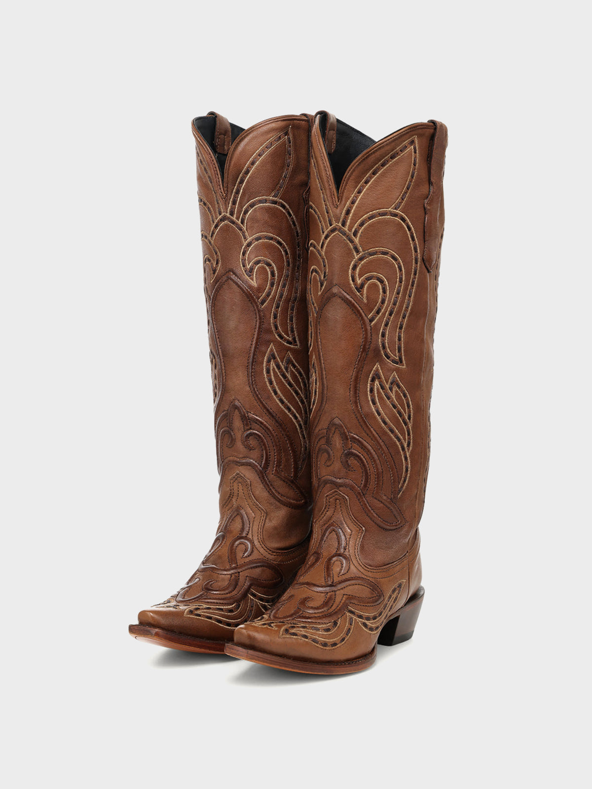 Tan Snip-Toe Embroidery And Running Stitch Half-Zip Chic Knee High Cowgirl Boots