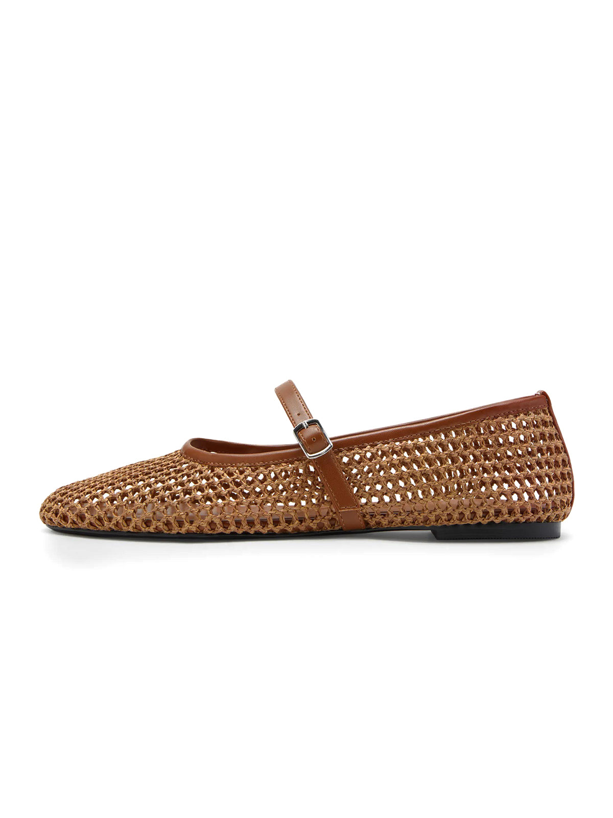 Brown Grass Woven Round-Toe Buckle Mary Jane Chic Flats