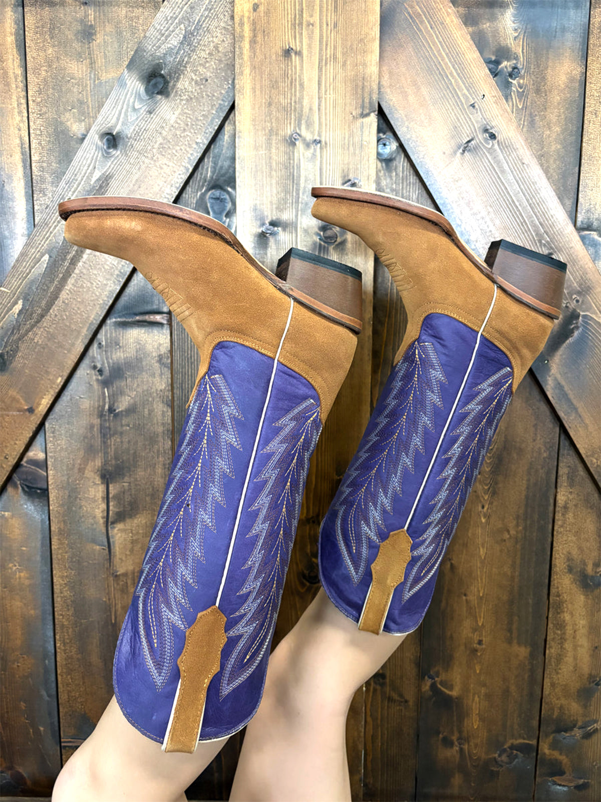 Contrast Brown And Purple Square-Toe Classic Embroidery Wide Calf Knee High Cowgirl Boots