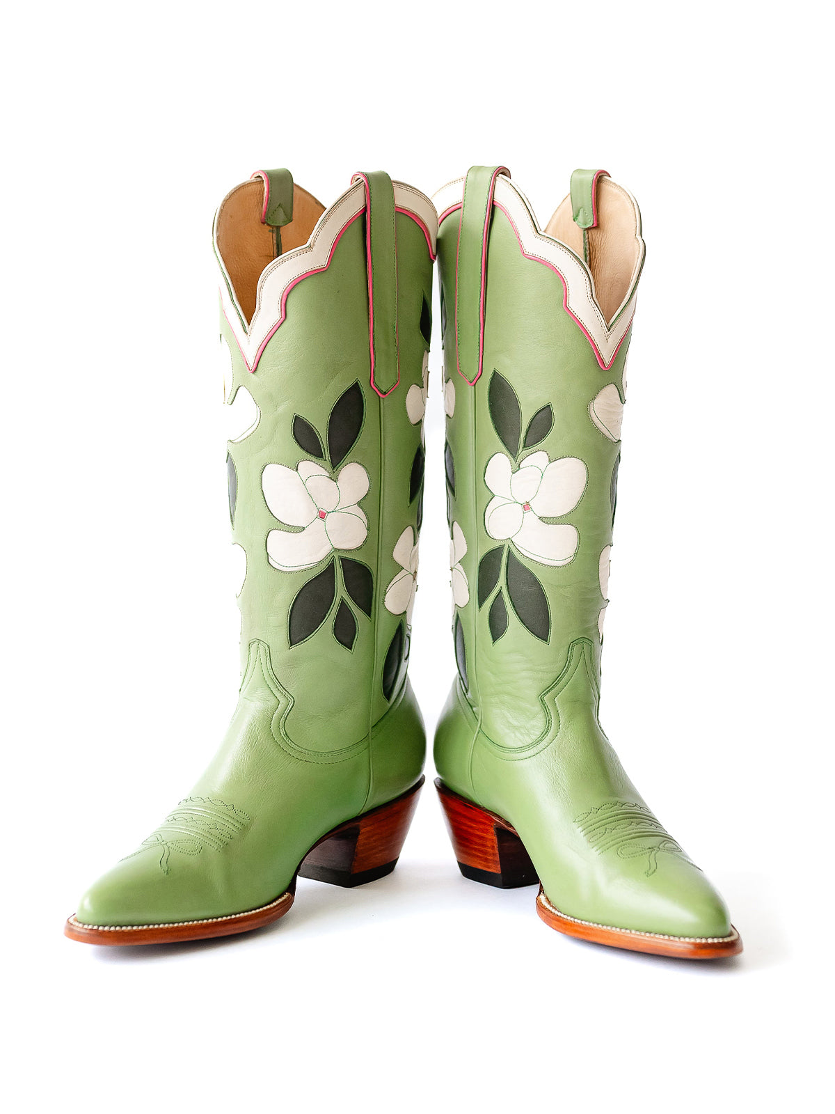 Green Almond-Toe White Flower Inlay Wide Calf Knee High Cowgirl Boots