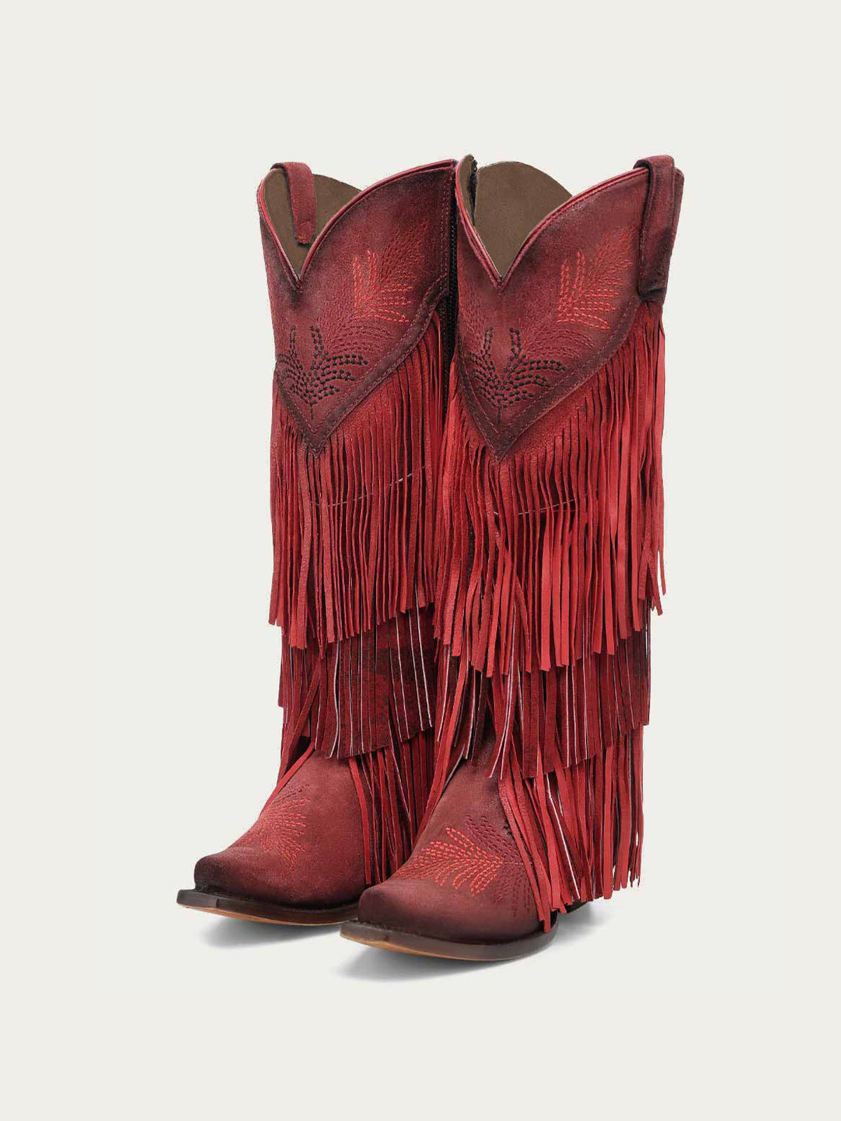 Red Faux Suede Snip-Toe Chic Fringe And Embroidery Full-Zip Knee High Cowgirl Boots