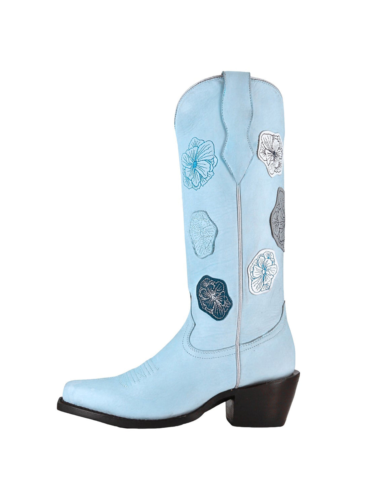 Sky Blue Snip-Toe Flowers Applique Chic Mid Calf Cowgirl Boots