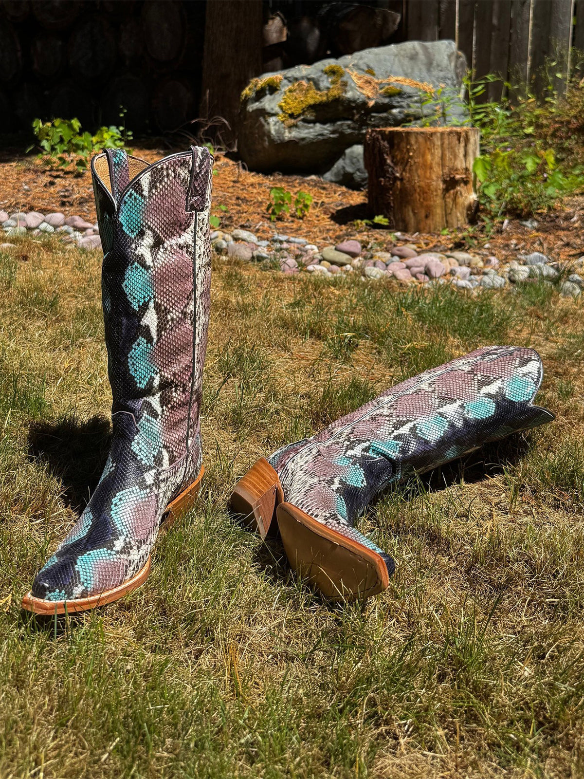 Purple Snakeskin Print Snip-Toe Sleek Wide Calf Knee High Cowgirl Boots