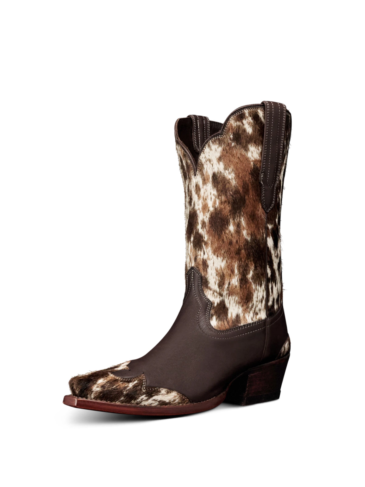 Brown Cowhide-Patterned Horsehair Snip-Toe Mid Calf Cowgirl Boots