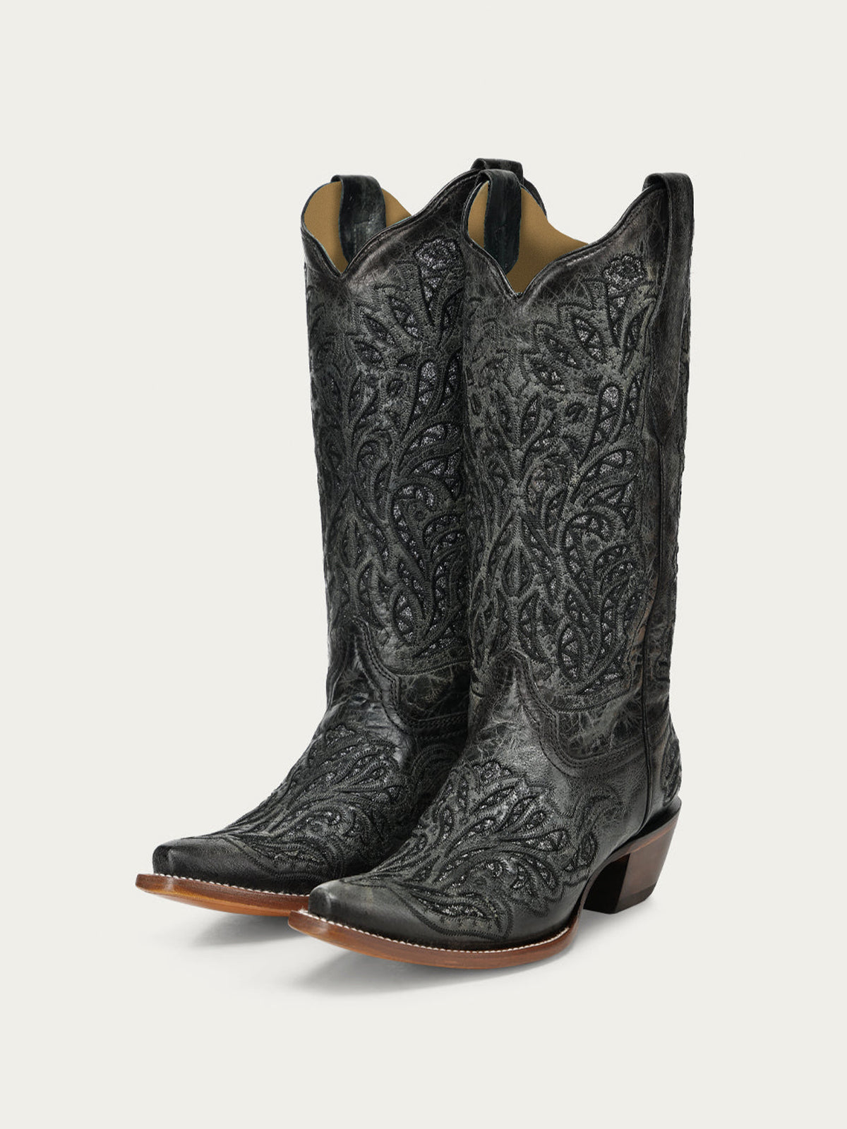 Distressed Black Snip-Toe Glitter Inlay And Embroidery Mid Calf Cowgirl Boots