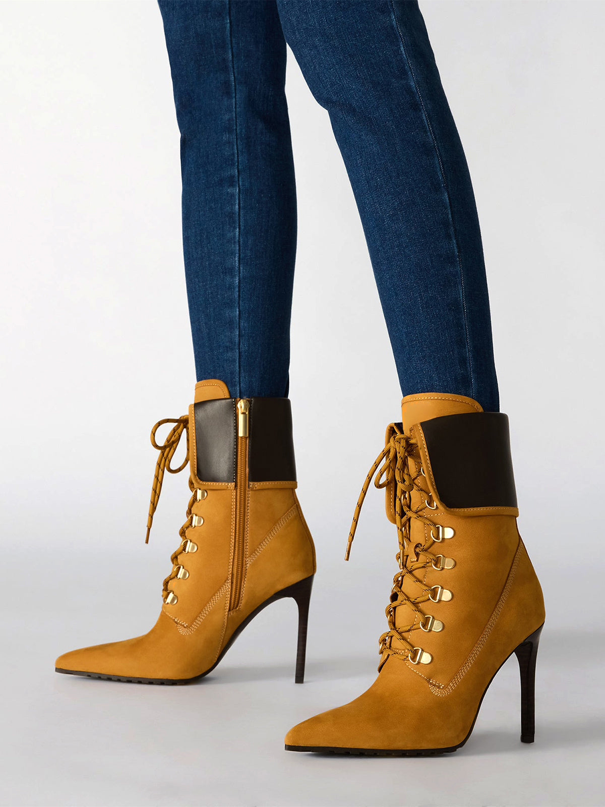 Tan Pointed-Toe Lace-Up Chic Ankle Stiletto Boots