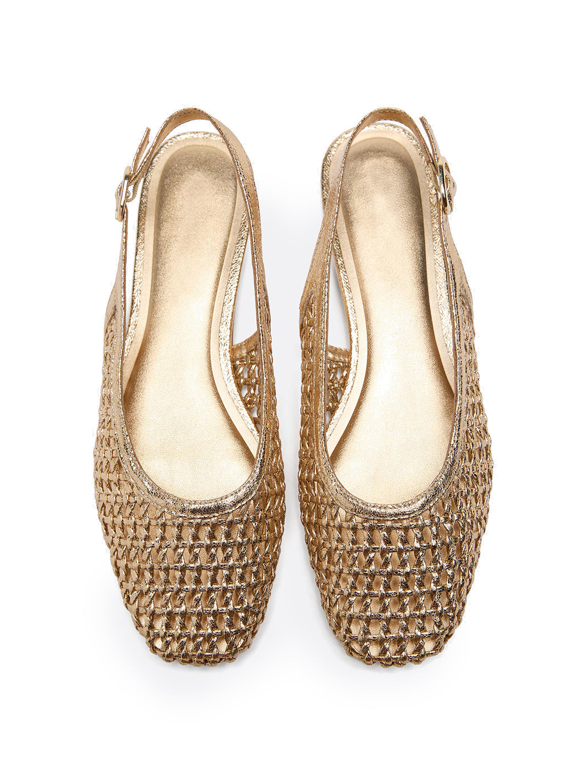 Gold Woven Metallic Vegan Leather Square-Toe Buckle Back Strap Flats