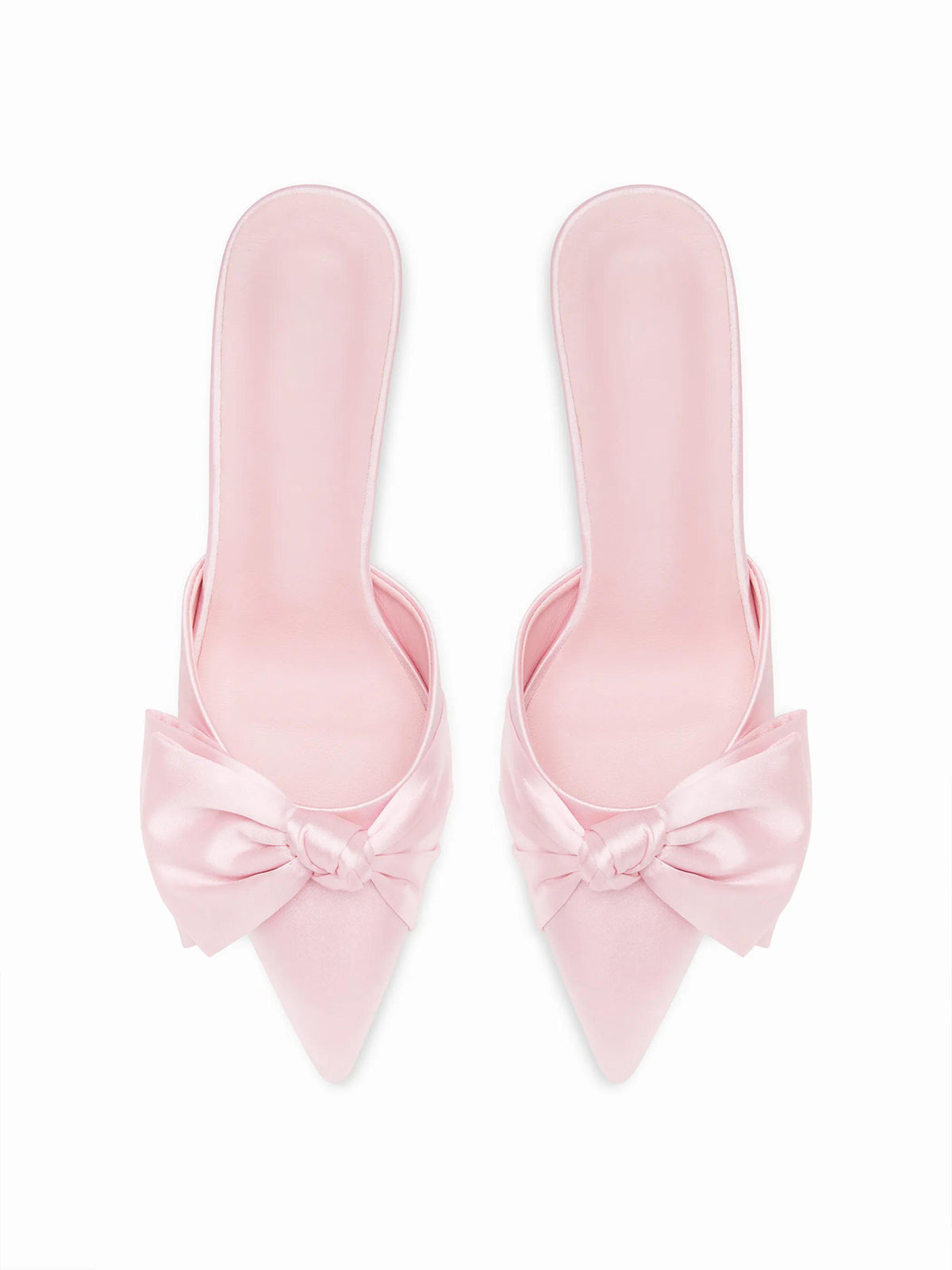 Pink Satin Pointed-Toe Front Bowknot Slip-On High Heels