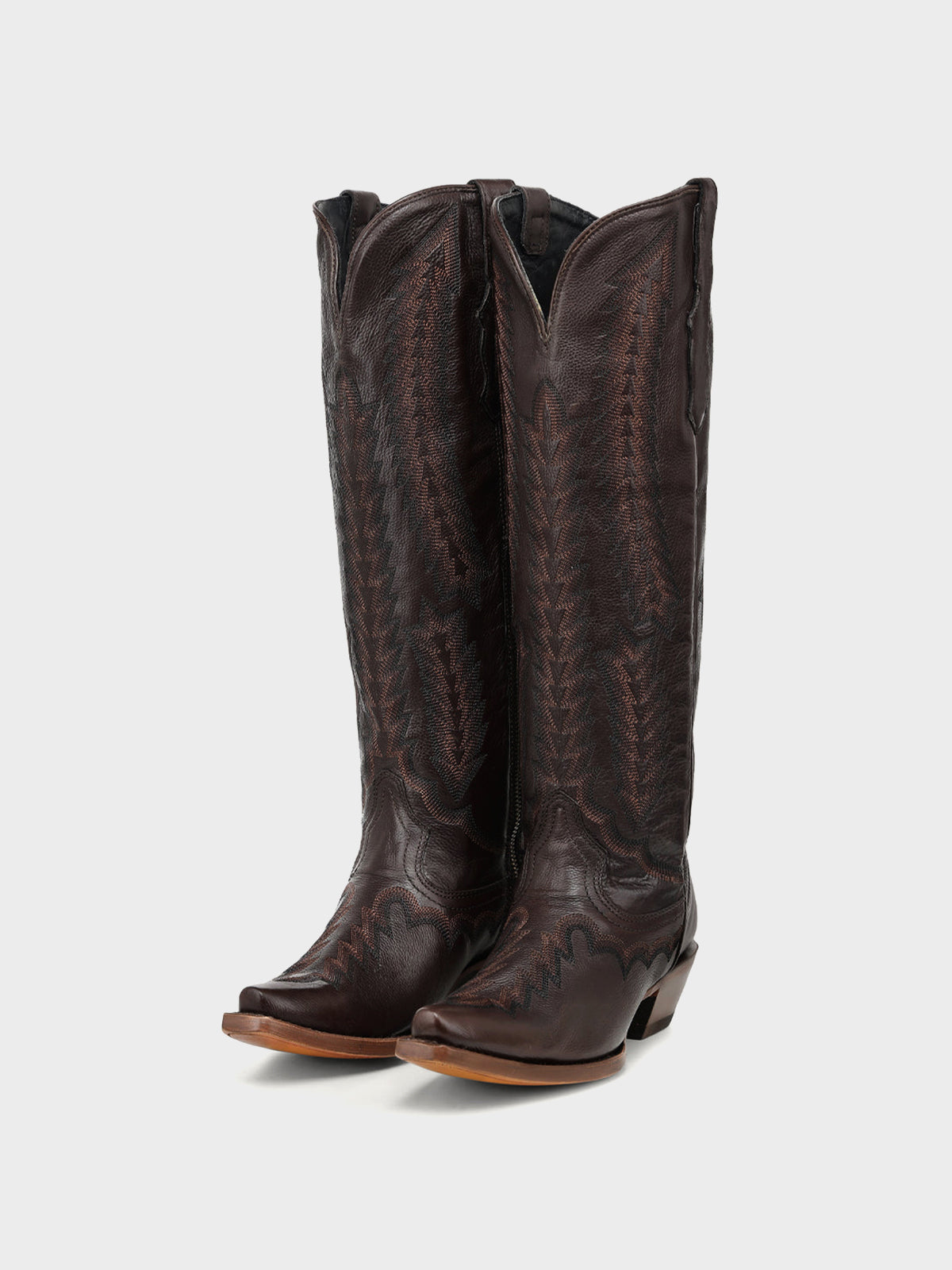 Chocolate Sleek Snip-Toe Chic Embroidery Half-Zip Knee High Cowgirl Boots