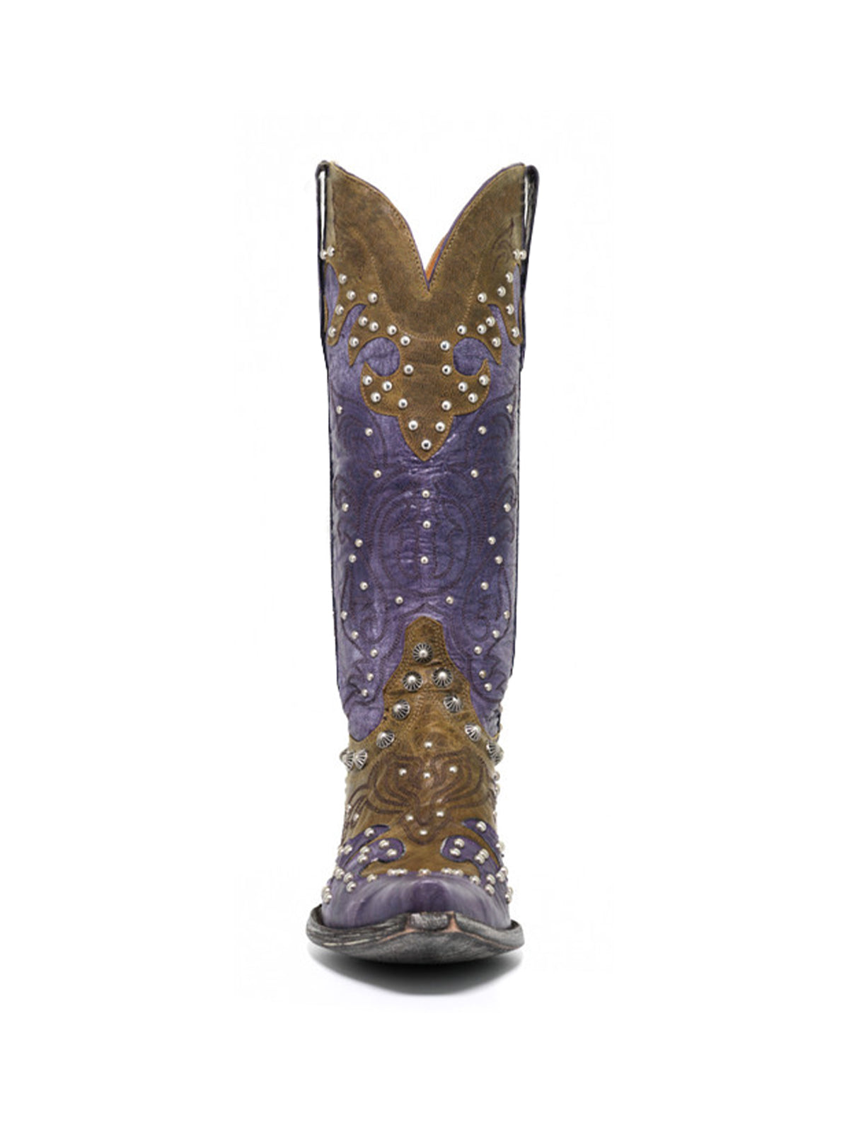 Contrast Purple And Green Snip-Toe Studs And Embroidery Mid Calf Cowgirl Boots