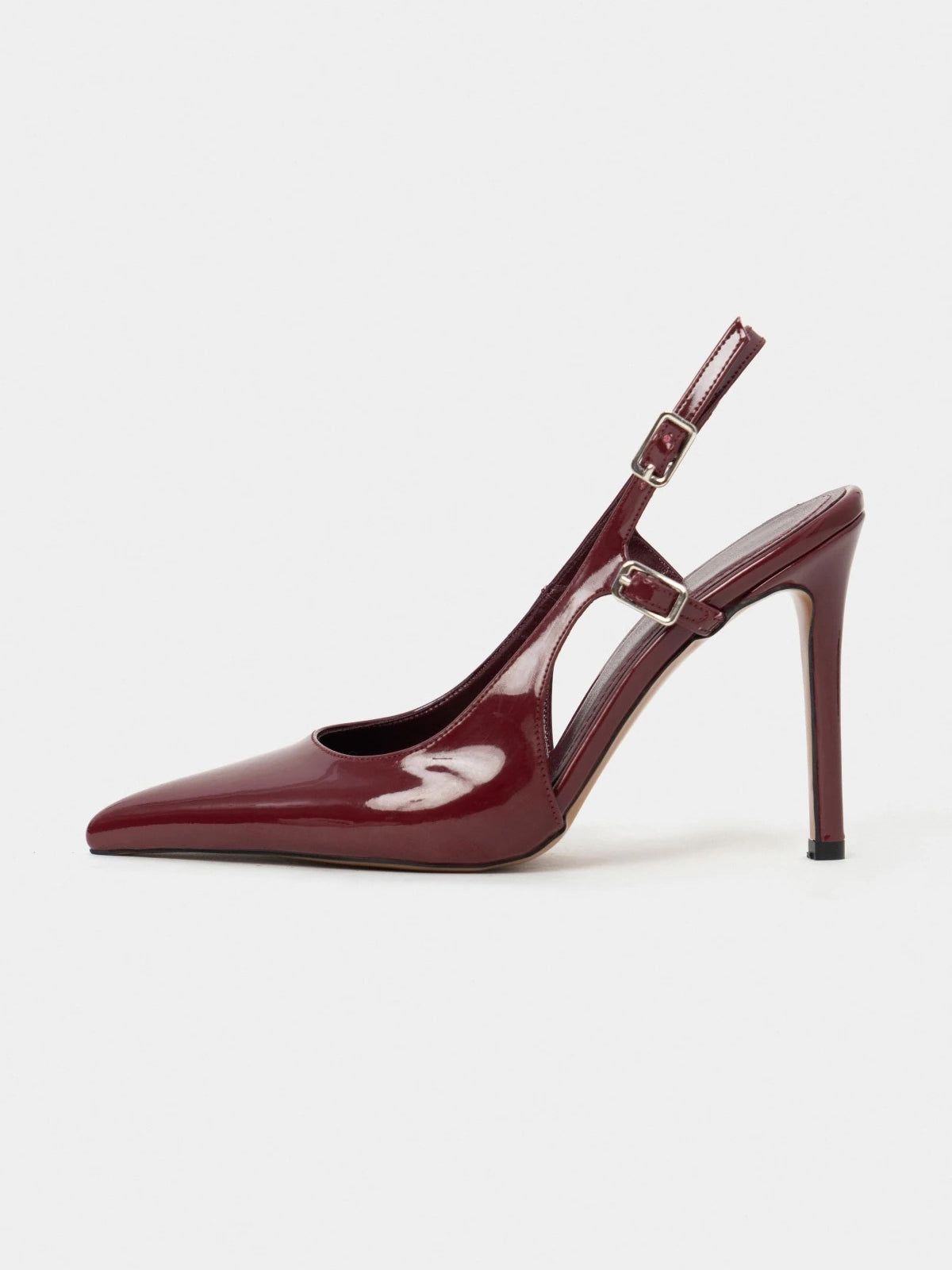 Patent Leather Pointed-Toe Buckle Back Strap Chic High Heels - Burgundy