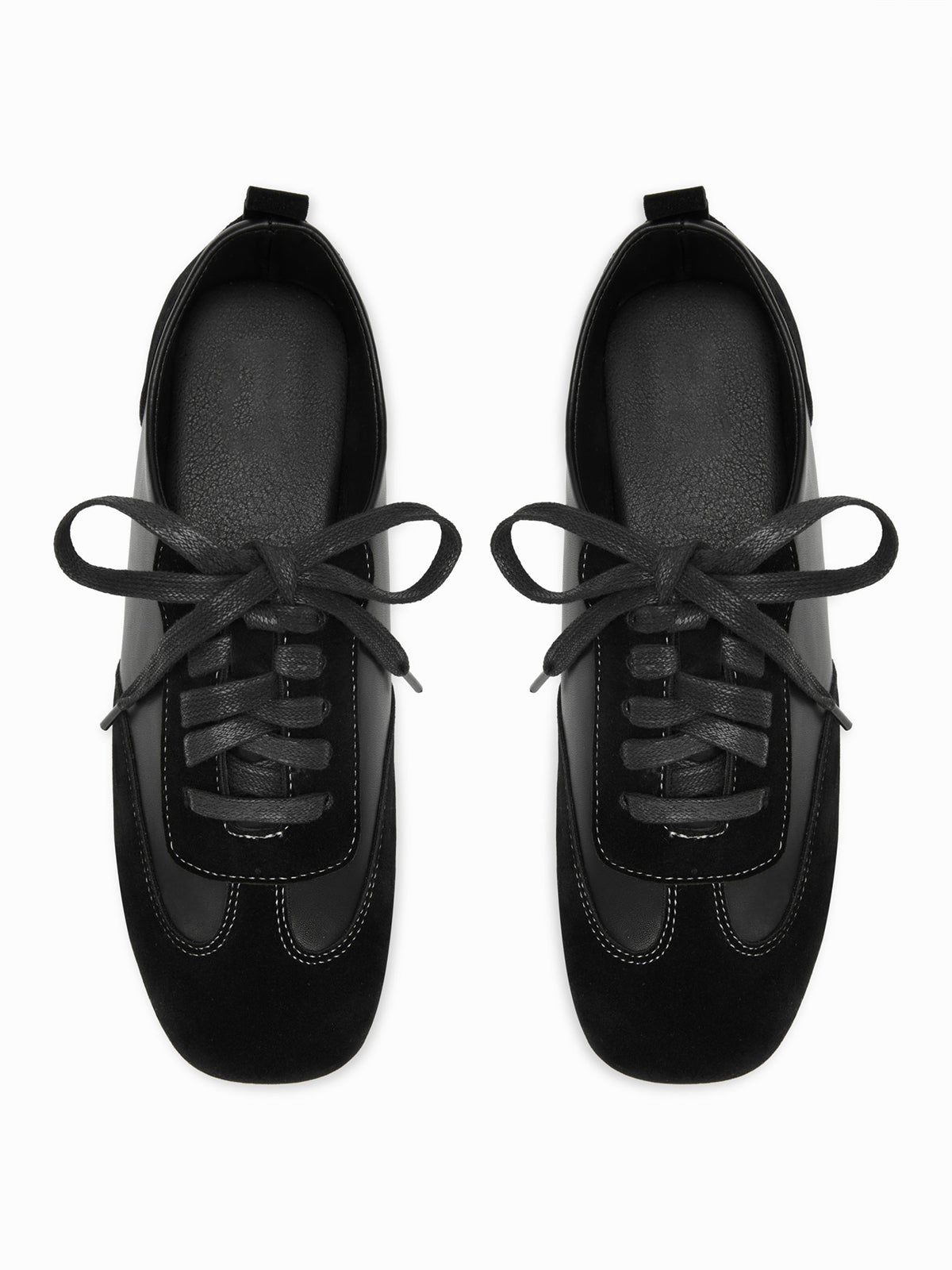 Black Cow Suede And Cow Leather Square-Toe Lace-Up Flats Sneakers