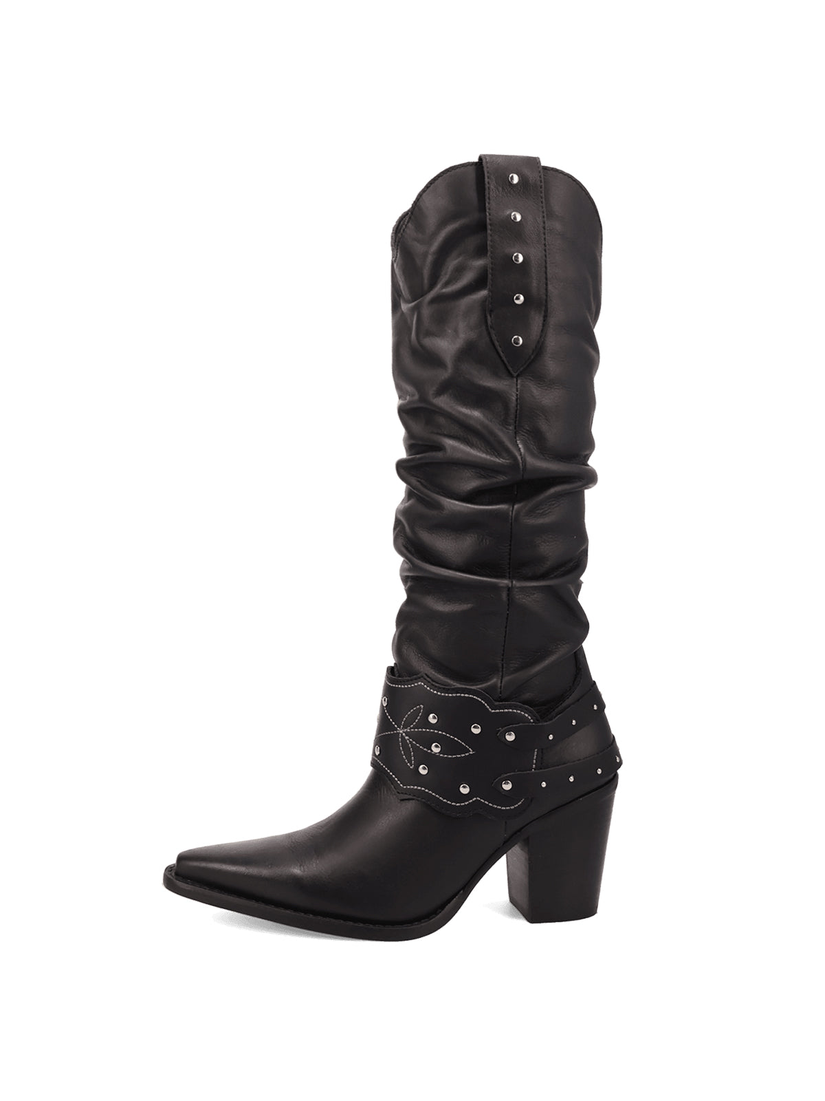 Black Snip-Toe Slouchy And Double Studded Straps Wide Calf Knee High Cowgirl Boots