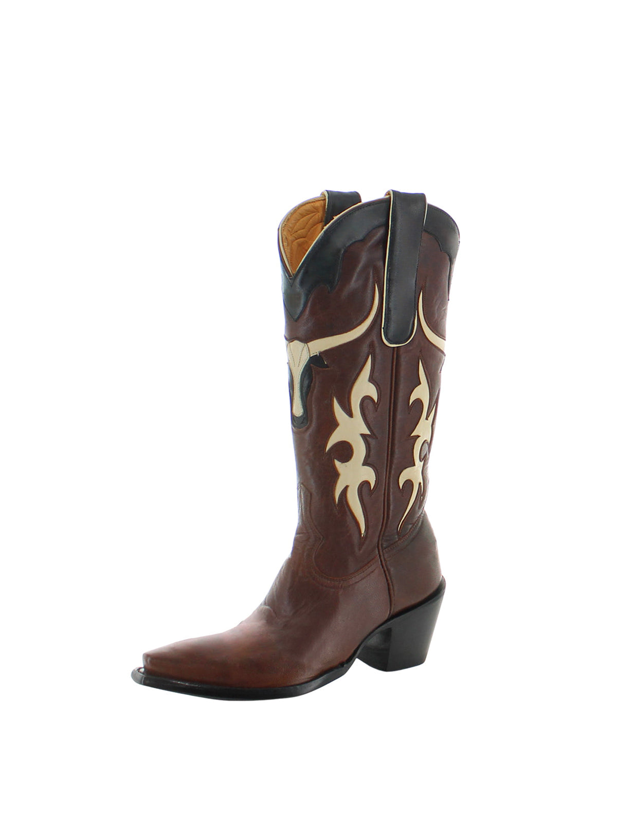 Brown Snip-Toe Tauren Inlay Mid Calf Cowgirl Boots