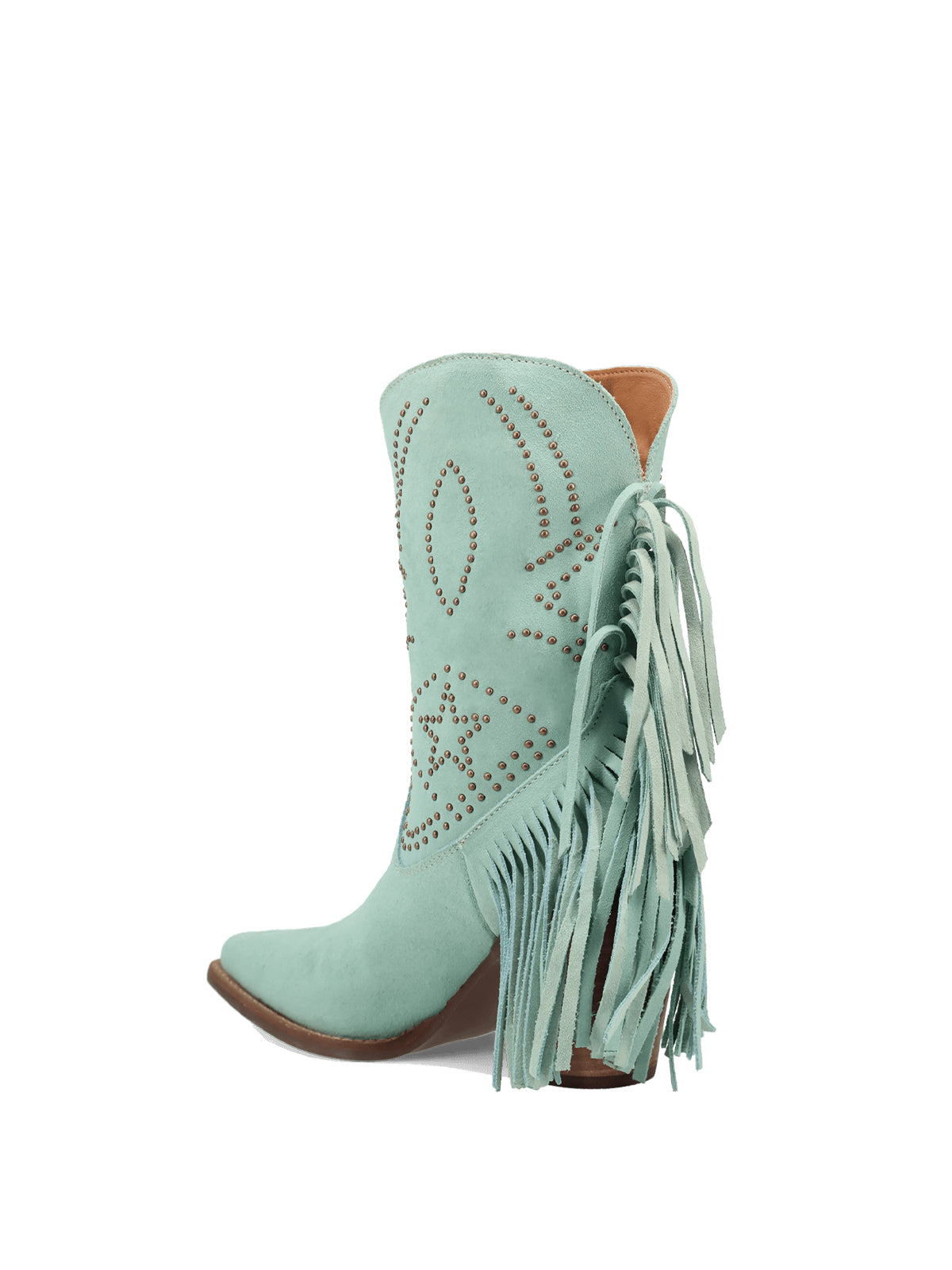 Mint Faux Suede Snip-Toe Full Studs Back Fringe Ankle Cowgirl Boots