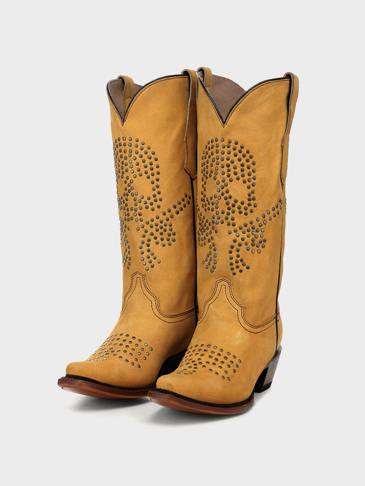 Yellow Snip-Toe Skull Design With Studs Mid Calf Cowgirl Boots