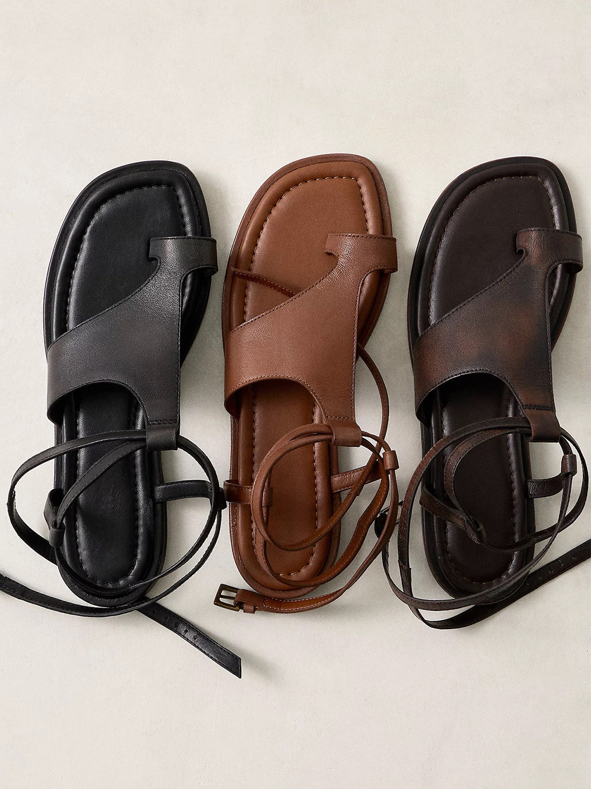 Coffee Square-Toe Multi-Wrap Ankle Straps Flats