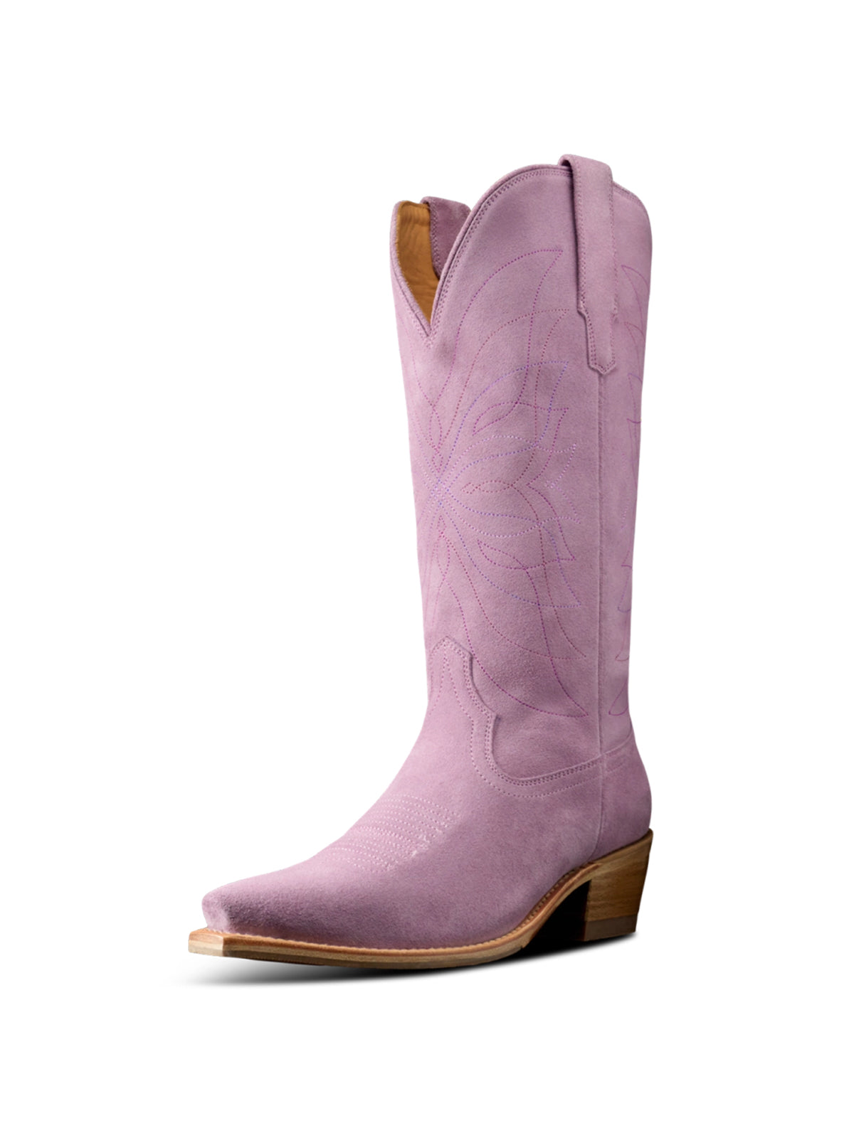 Lavender Faux Suede Snip-Toe Stitch Classic Wide Calf Knee High Cowgirl Boots