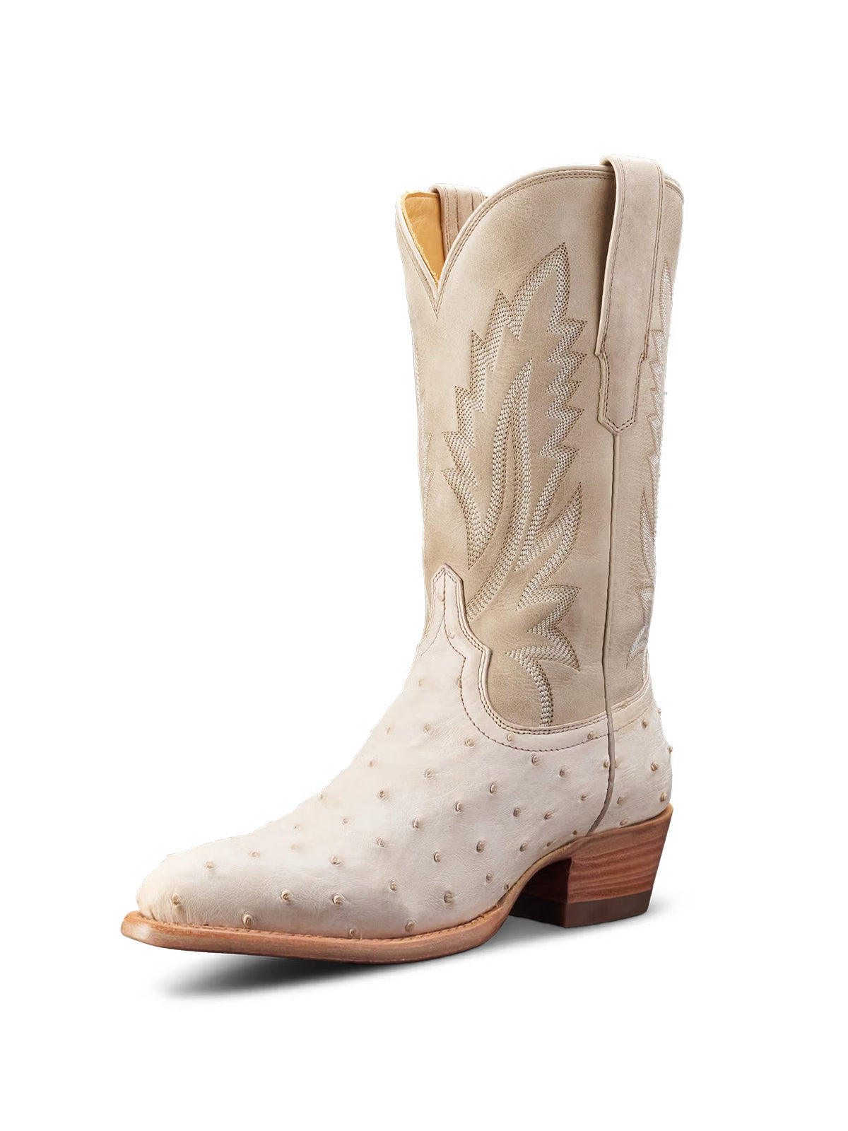 Contrast Sand And White Ostrich Print Almond-Toe Embroidery Mid Calf Cowgirl Boots