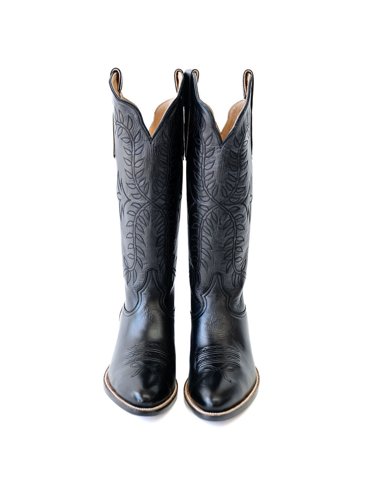 Leaves Embroidery Almond-Toe Wide Knee High Cowgirl Boots - Black