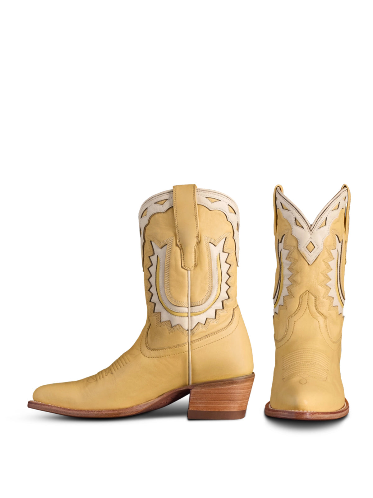 Pale Yellow Almond-Toe Horseshoe Inlay Cowgirl Ankle Boots