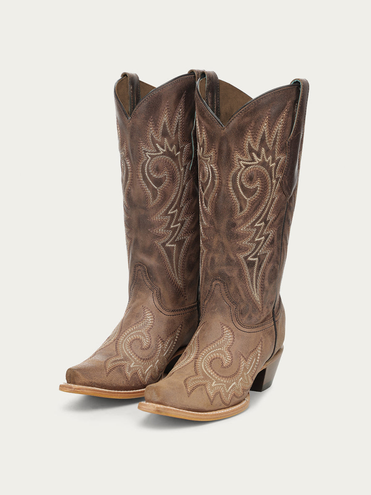 Flames Embroidery Snip-Toe Sleek Mid Calf Cowgirl Boots - Brown