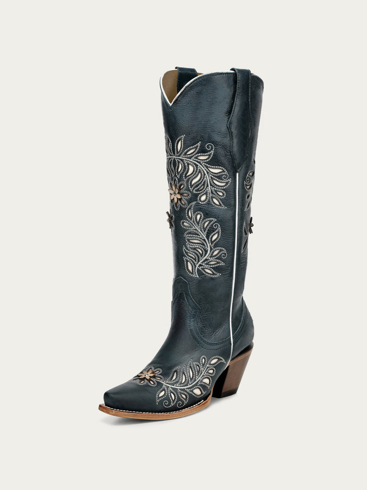 Navy Snip-Toe Leaves Flowers And Bird Inlay Half-Zip Knee High Cowgirl Boots