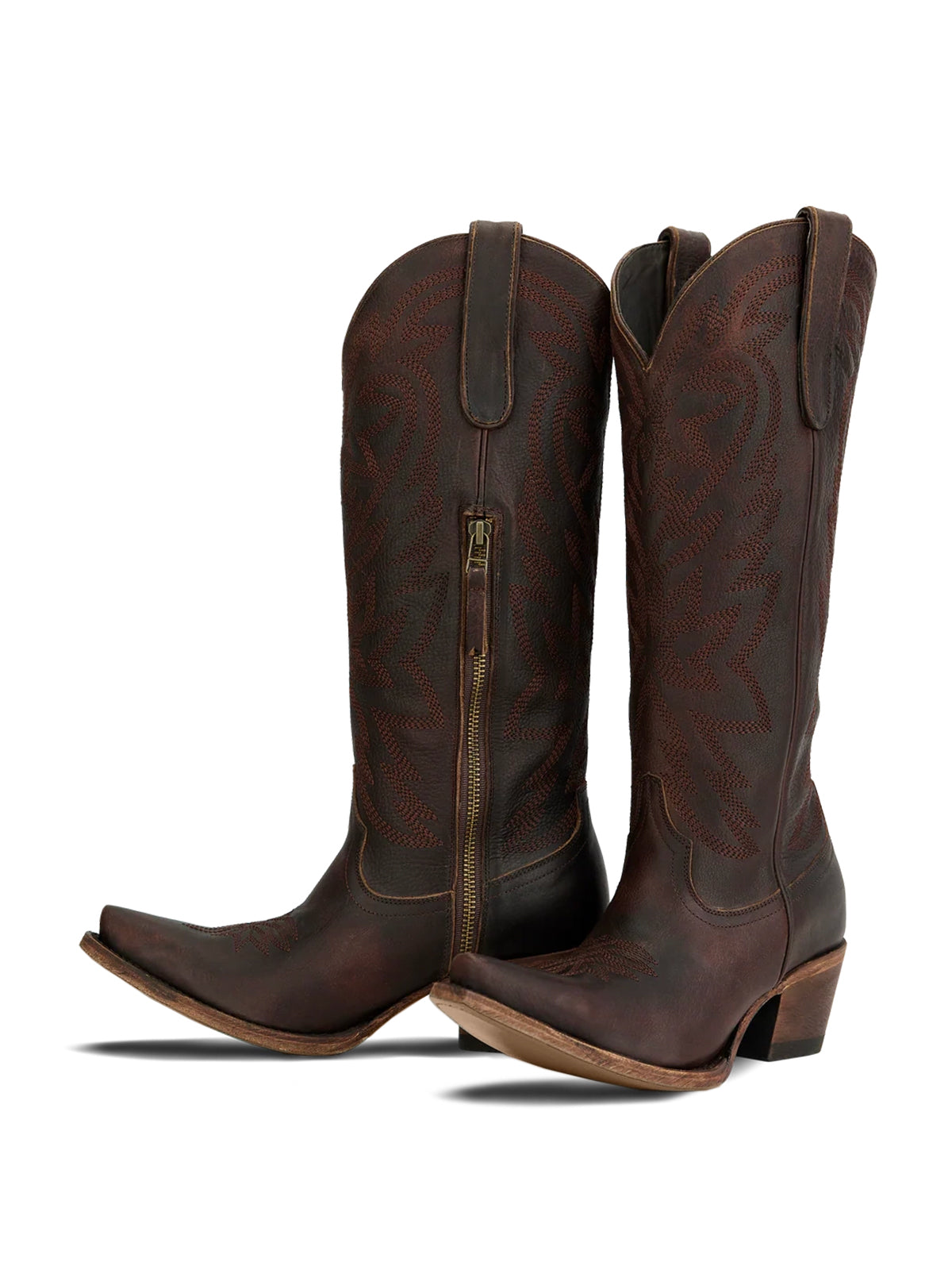 Western Snip-Toe Embroidery Classic Knee High Half-Zip Cowgirl Boots - Cognac