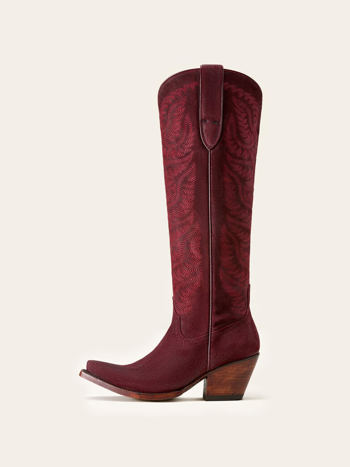 Embroidery Half-Zip Tall Knee High Faux Suede Snip-Toe Cowgirl Boots - Burgundy