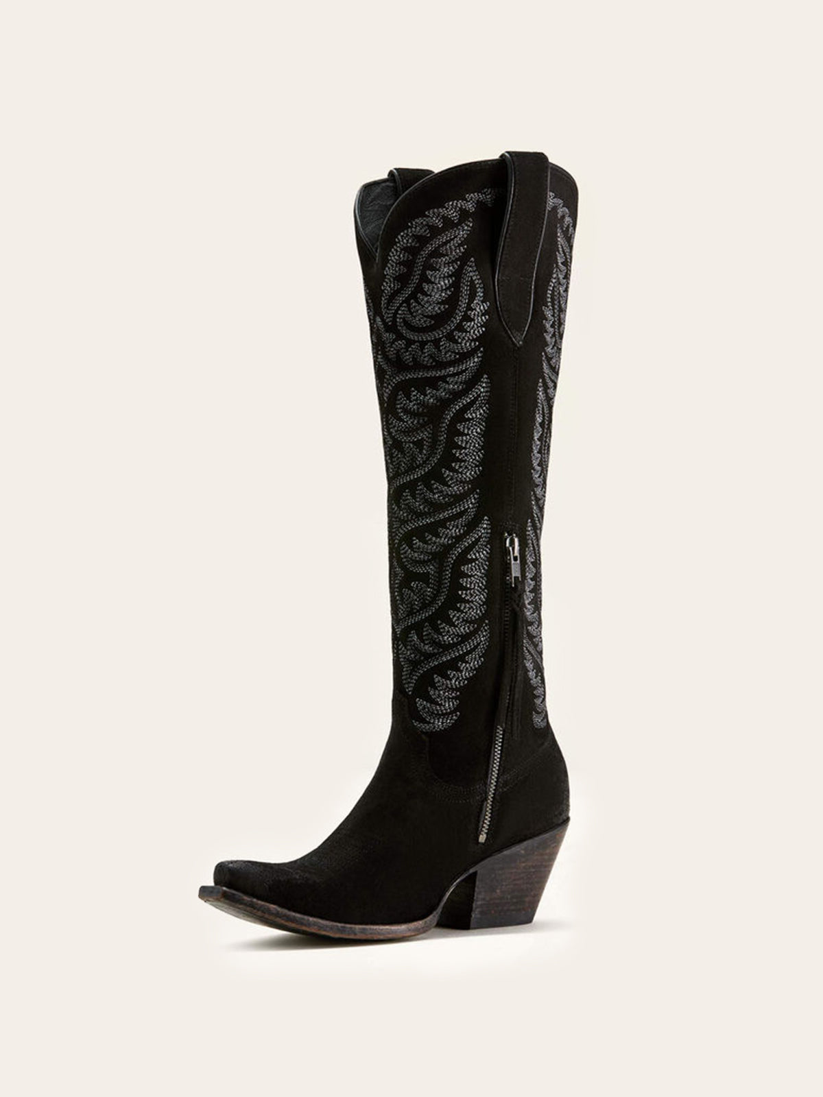 Embroidery Half-Zip Tall Knee High Faux Suede Snip-Toe Cowgirl Boots - Black