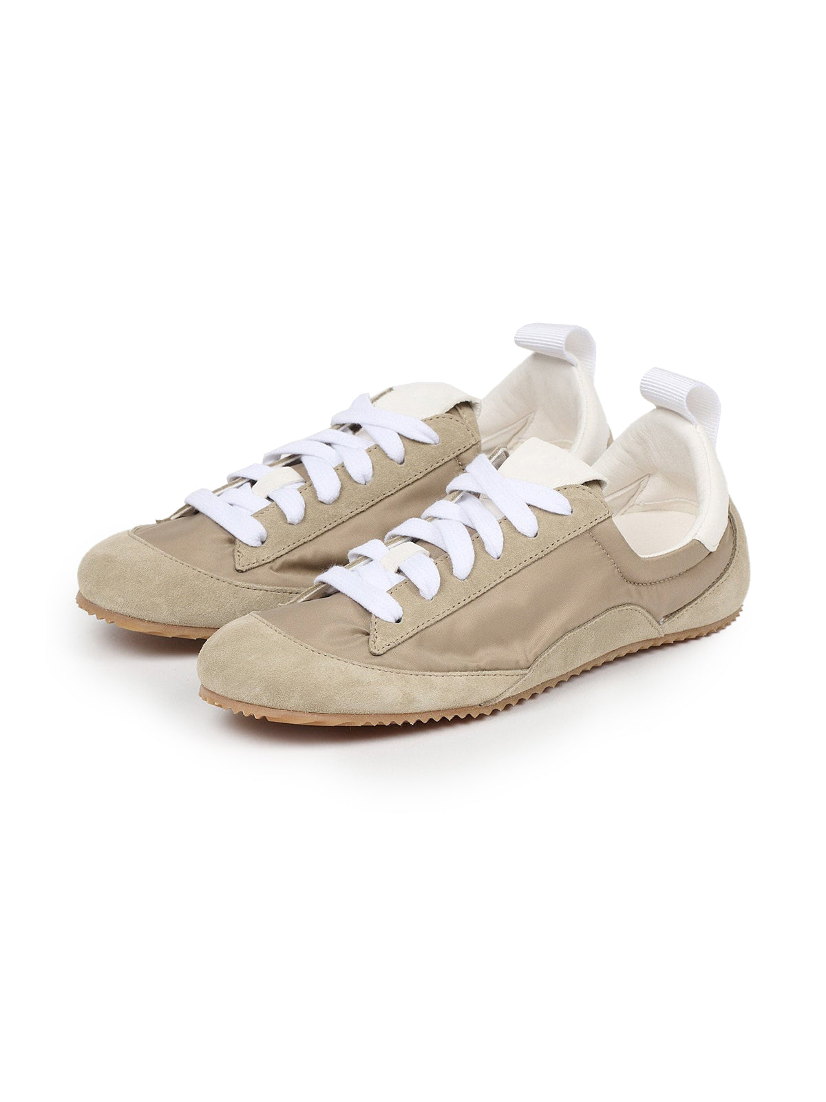 Cow Suede And Satin Round-Toe Lace-Up Chic Sneakers - Taupe