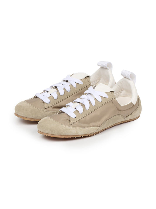 Cow Suede And Satin Round-Toe Lace-Up Chic Sneakers - Taupe