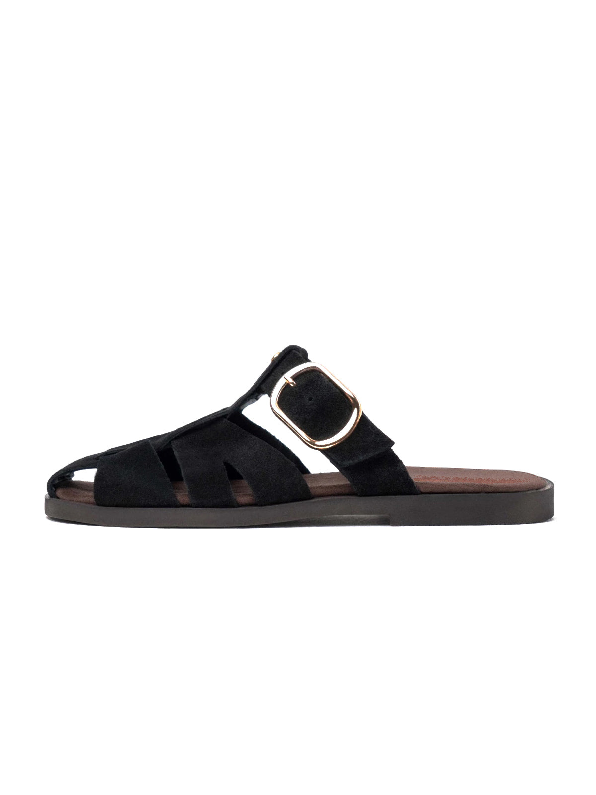 Black Cow Suede Round-Toe Caged Detail Backless Flats