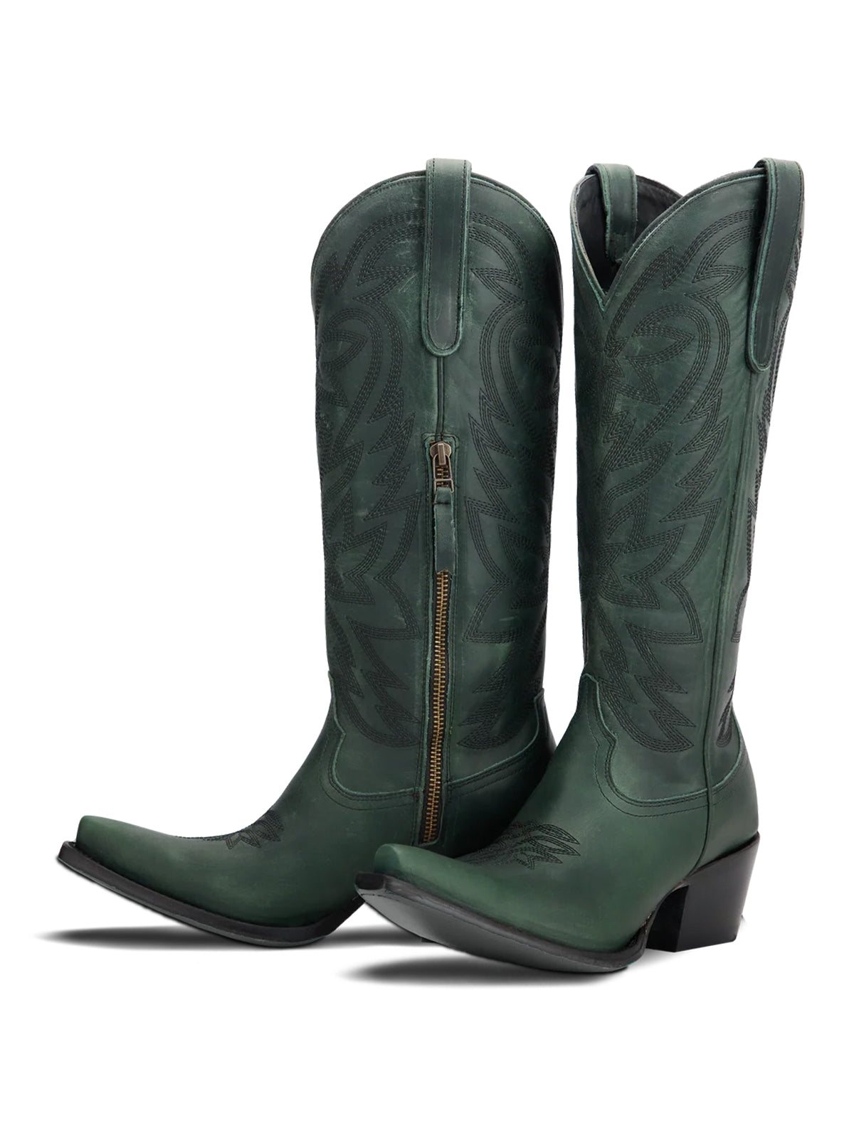 Western Snip-Toe Embroidery Classic Knee High Half-Zip Cowgirl Boots - Green