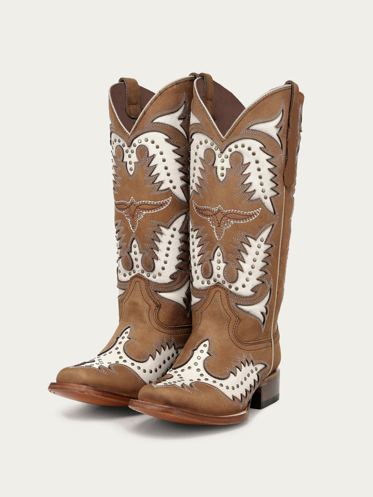 Brown Square-Toe White Inlay And Studs Chic Mid Calf Cowgirl Boots