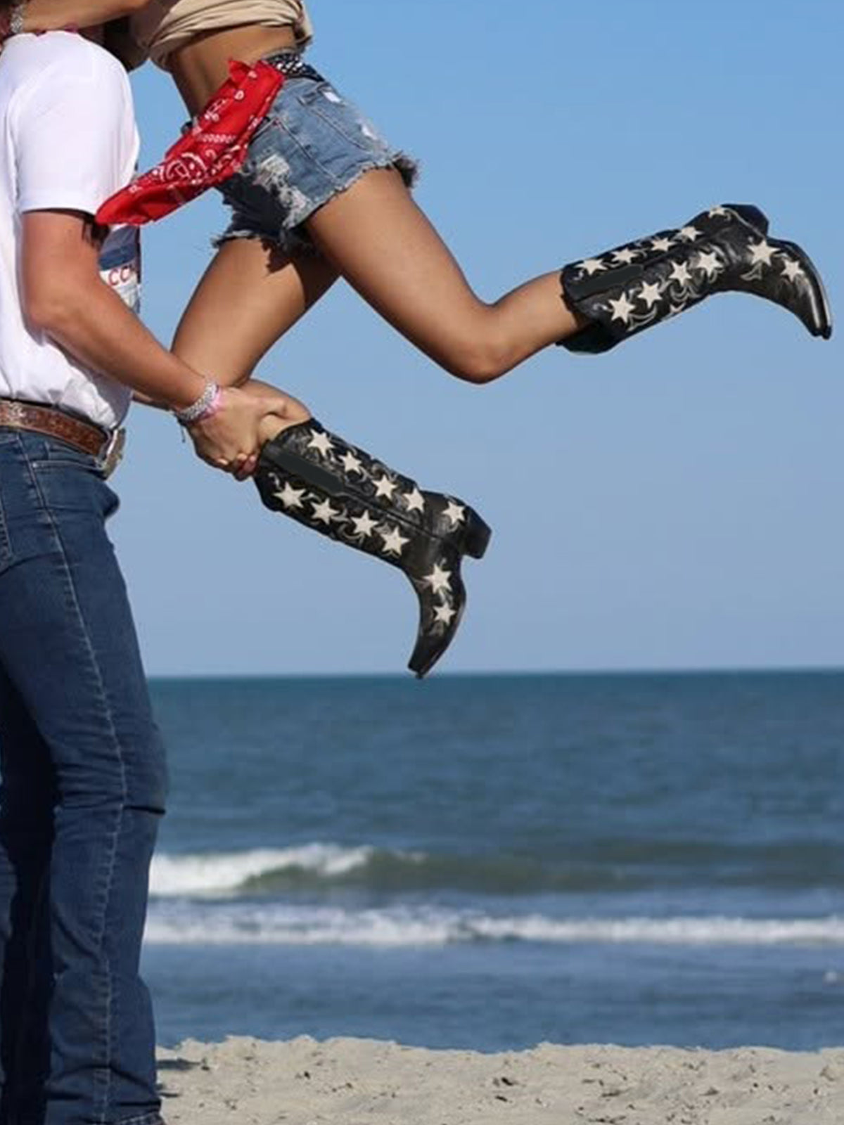 Black Snip-Toe Chic Stars Inlay With Embroidery Mid Calf Cowgirl Boots